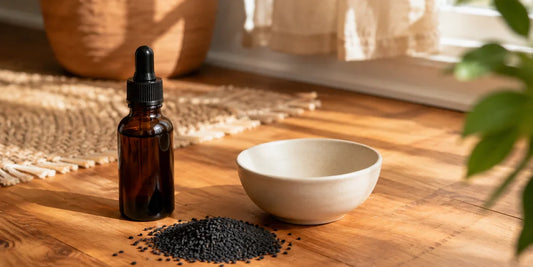 Dark glass black seed oil bottle and scattered matte black seeds beside a plain empty ceramic bowl on warm wooden boards