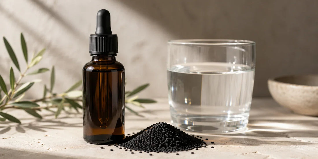 Dark glass dropper bottle of deep amber black seed oil beside scattered black cumin seeds on pale stone in calm soft light