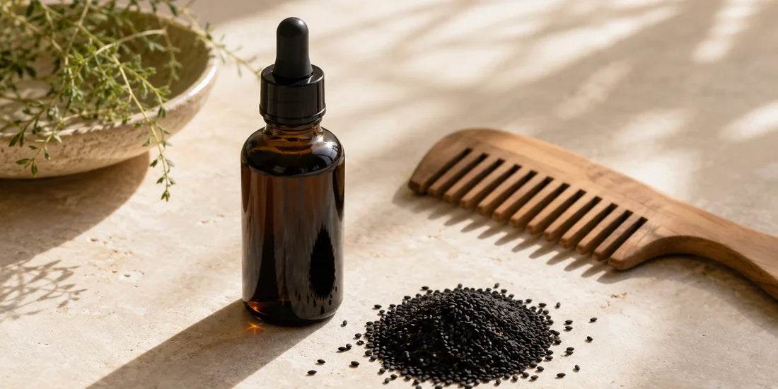 Dark glass black seed oil bottle beside scattered matte black seeds and a wooden comb on pale stone in warm light