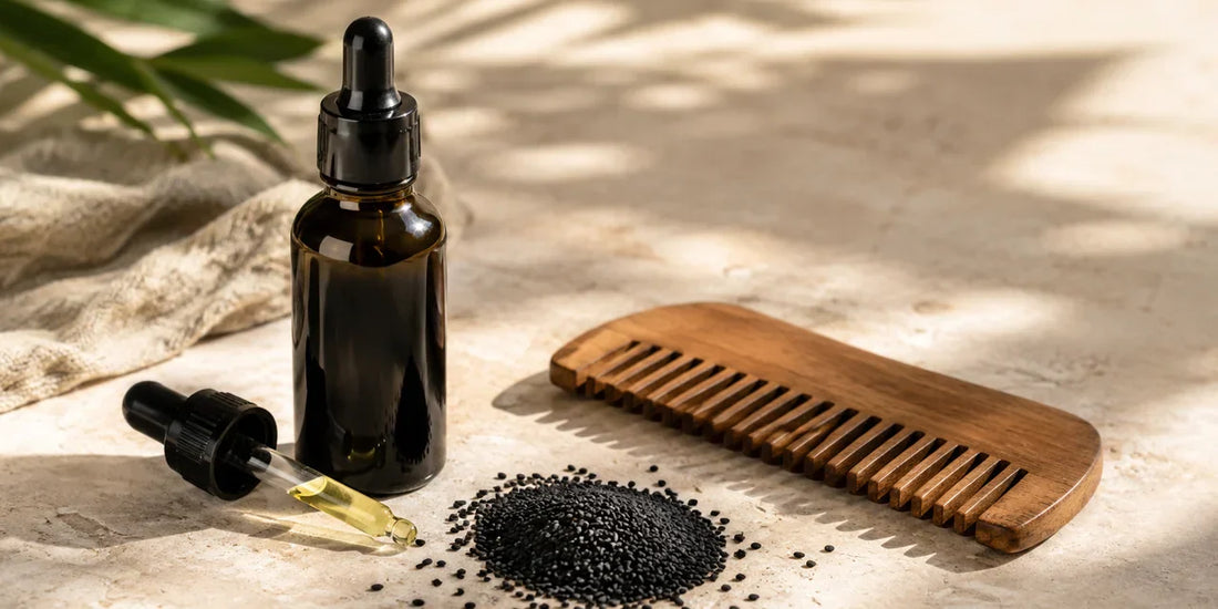 A dark glass black seed oil bottle beside scattered matte black seeds and a wooden comb on a pale stone surface in warm light