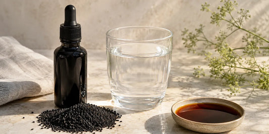 Dark glass black seed oil bottle beside matte black seeds and a glass of water on pale stone in soft daylight