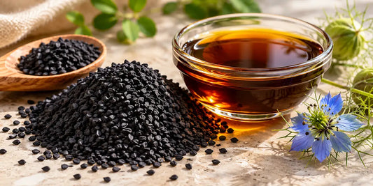 Matte black Nigella sativa seeds beside a small dish of deep amber black seed oil on a calm pale stone surface