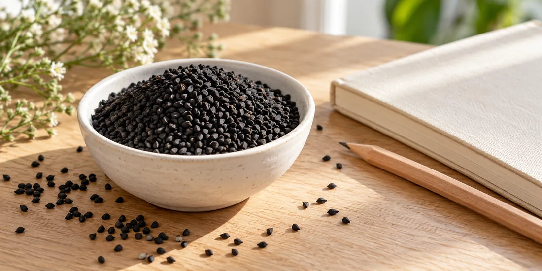 Black seeds in a white ceramic bowl beside a closed cream notebook on an oak table