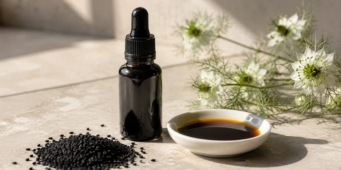 Dark glass black seed oil bottle beside scattered matte black cumin seeds and a dish of deep amber oil on pale stone