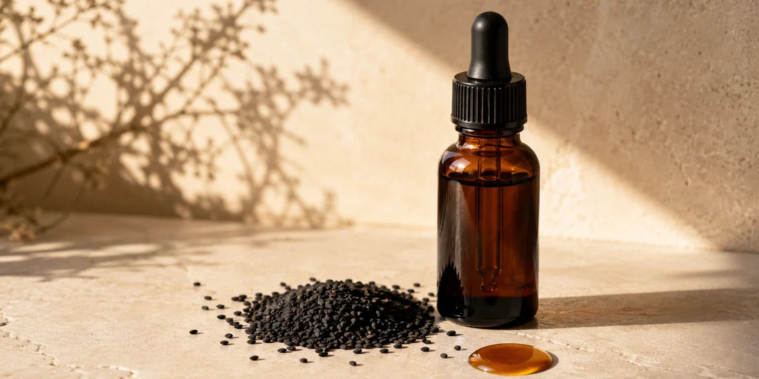 Dark glass black seed oil bottle beside scattered matte black seeds and a drop of deep amber oil on pale stone