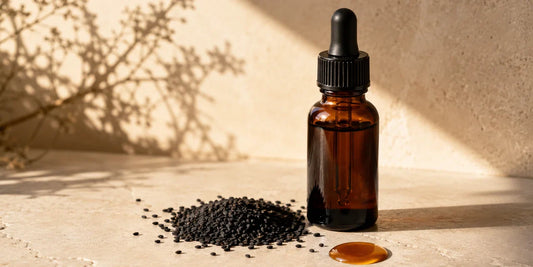 Dark glass black seed oil bottle beside scattered matte black seeds and a drop of deep amber oil on pale stone