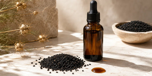 Dark glass black seed oil bottle beside scattered matte black seeds and a drop of deep amber oil on pale stone