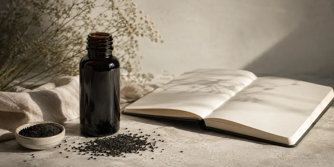 Dark glass black seed oil bottle beside scattered matte black seeds and an open blank notebook on pale stone in soft light