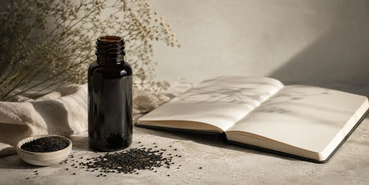 Dark glass black seed oil bottle beside scattered matte black seeds and an open blank notebook on pale stone in soft light