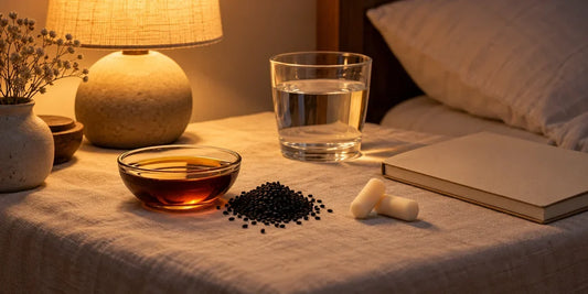 Glass dish of deep amber black seed oil, black seeds and soft foam earplugs on pale linen at night