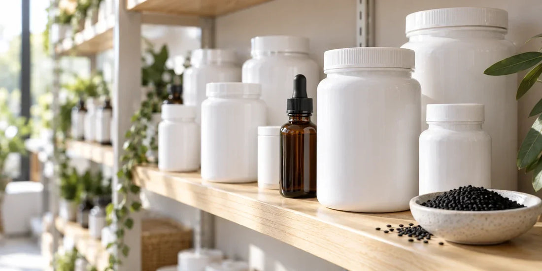 White supplement jars and an amber dropper bottle on a bright store shelf beside a dish of black seeds
