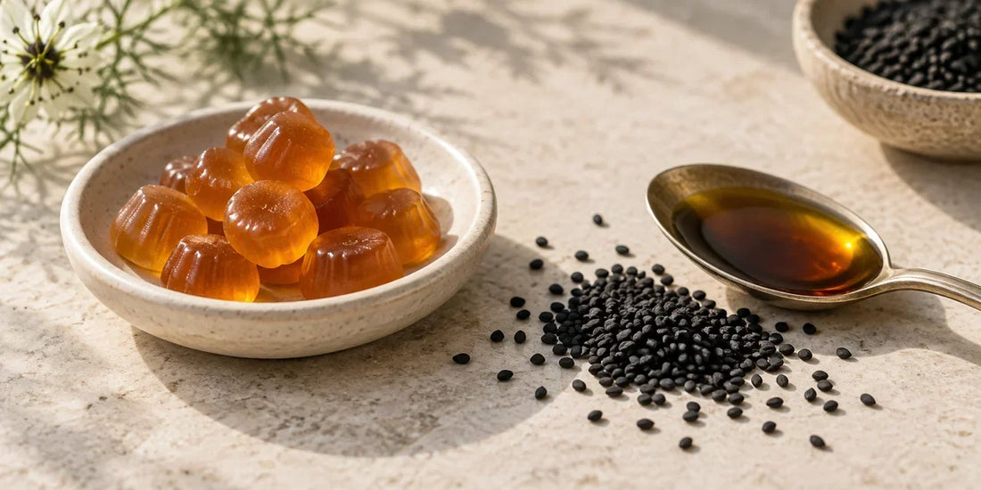 Ceramic dish of amber gummies beside a teaspoon of deep amber black seed oil and black seeds on stone