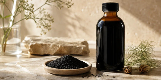 A dark glass bottle of black seed oil beside black Nigella sativa seeds on a pale stone surface in warm directional light