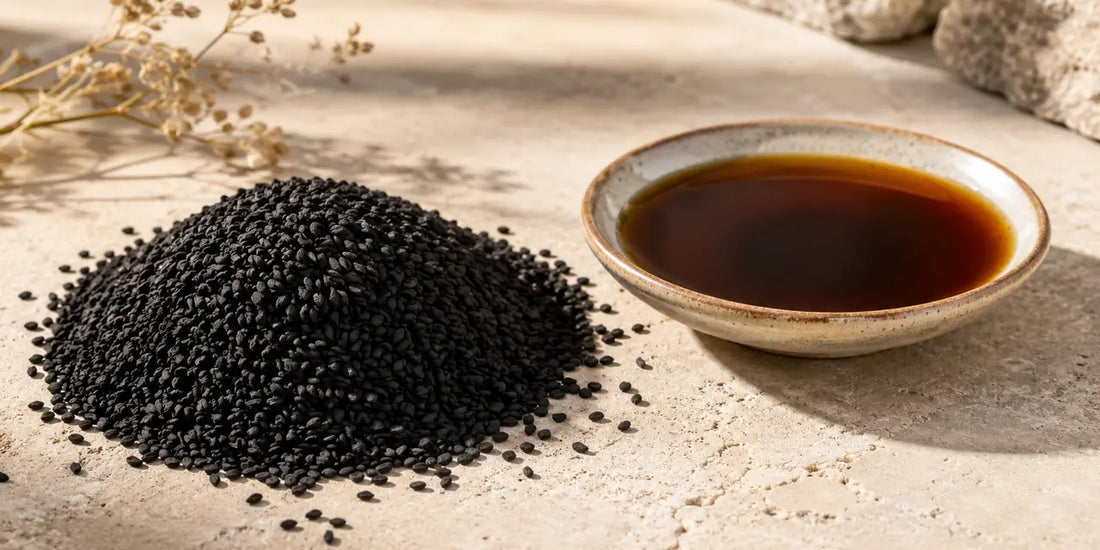 Heap of matte black nigella seeds beside a shallow dish of deep bronze oil on pale limestone