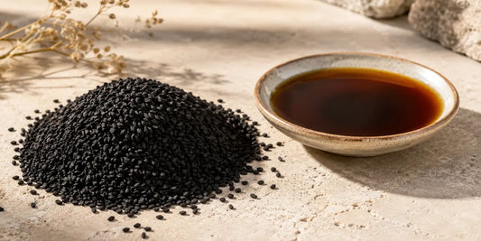 Heap of matte black nigella seeds beside a shallow dish of deep bronze oil on pale limestone