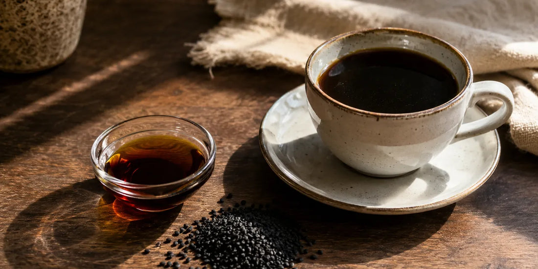Cup of black coffee beside a small dish of deep amber black seed oil and scattered matte black seeds on dark wood