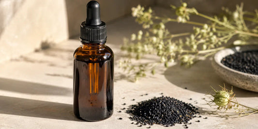 Dark glass dropper bottle of deep amber black seed oil beside scattered black cumin seeds on pale stone in warm light