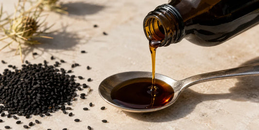 Dark glass bottle pouring deep amber black seed oil into a steel spoon on pale stone in warm light