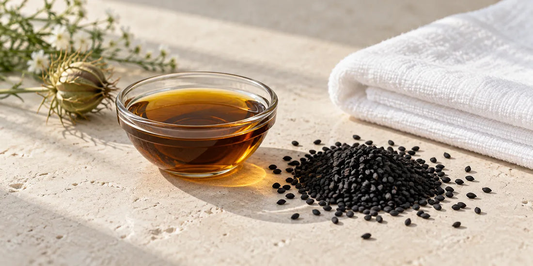 Small glass dish of deep amber black seed oil beside scattered black seeds and a folded white towel