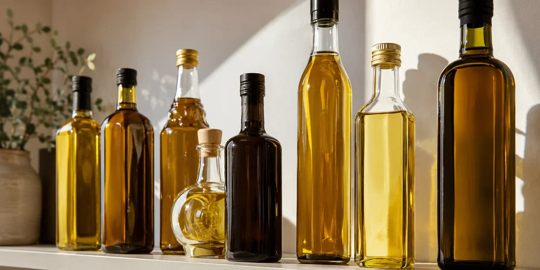 Several dark and clear glass oil bottles arranged on a clean pale shelf in warm directional light, no readable labels