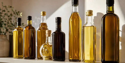 Several dark and clear glass oil bottles arranged on a clean pale shelf in warm directional light, no readable labels