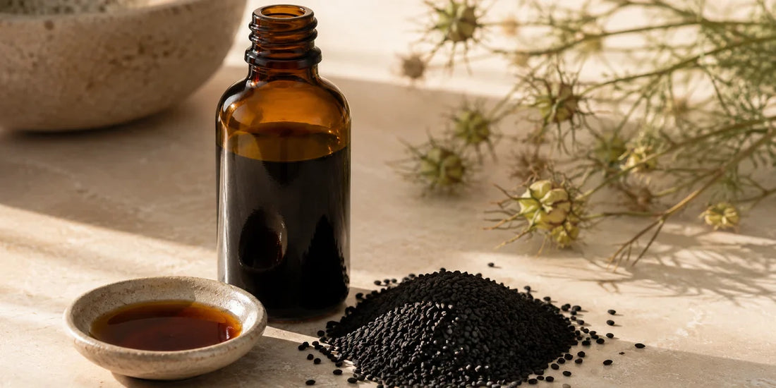 Dark glass black seed oil bottle beside scattered matte black Nigella sativa seeds on a pale stone surface in warm directional light