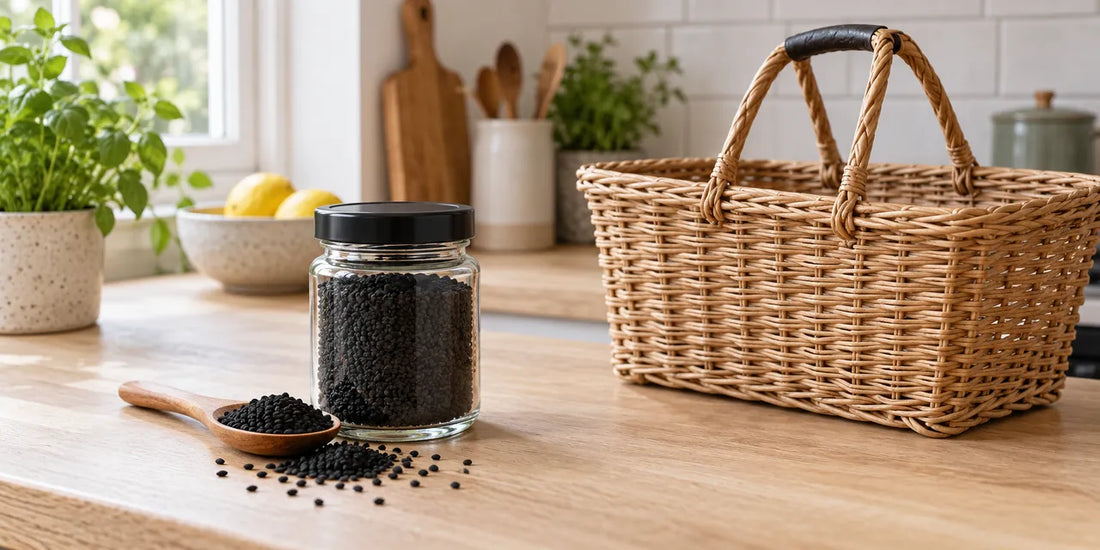 Small glass jar of matte black nigella seeds with a wooden spoon beside a woven basket on oak