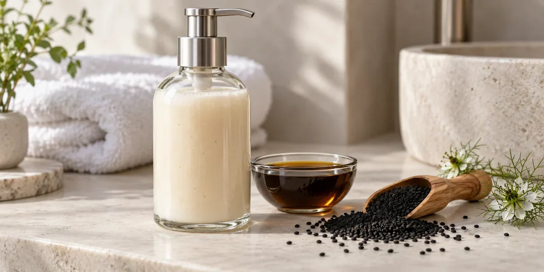 Clear pump bottle of creamy shampoo beside a dish of deep amber oil and black seeds on stone