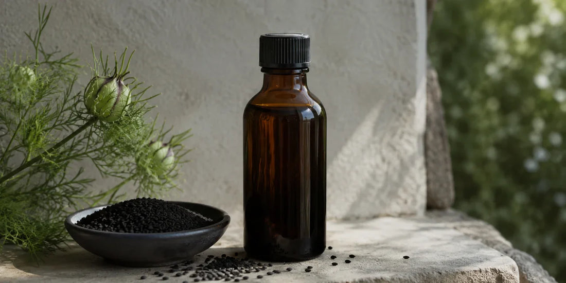 Dark glass black seed oil bottle of deep amber oil on a pale stone shelf in cool, low directional light