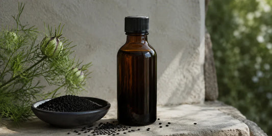 Dark glass black seed oil bottle of deep amber oil on a pale stone shelf in cool, low directional light