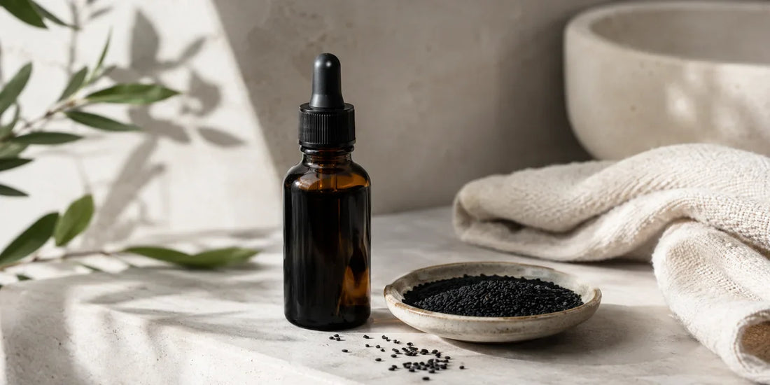 Dark glass dropper bottle of deep amber black seed oil with a small dish on a pale stone shelf in soft daylight