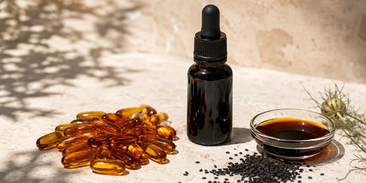 Black seed oil softgel capsules beside a dark glass bottle and dish of deep amber oil on pale stone