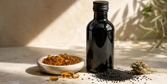 Dark glass black seed oil bottle beside a dish of amber softgel capsules and black seeds on a pale stone surface in warm light