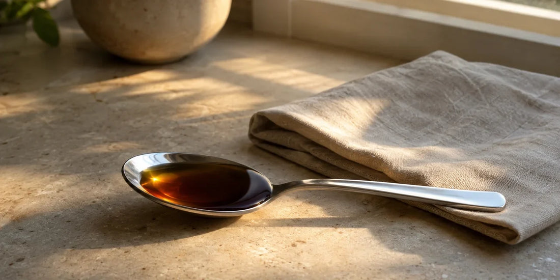 Stainless teaspoon of deep amber black seed oil beside a folded linen napkin on pale stone