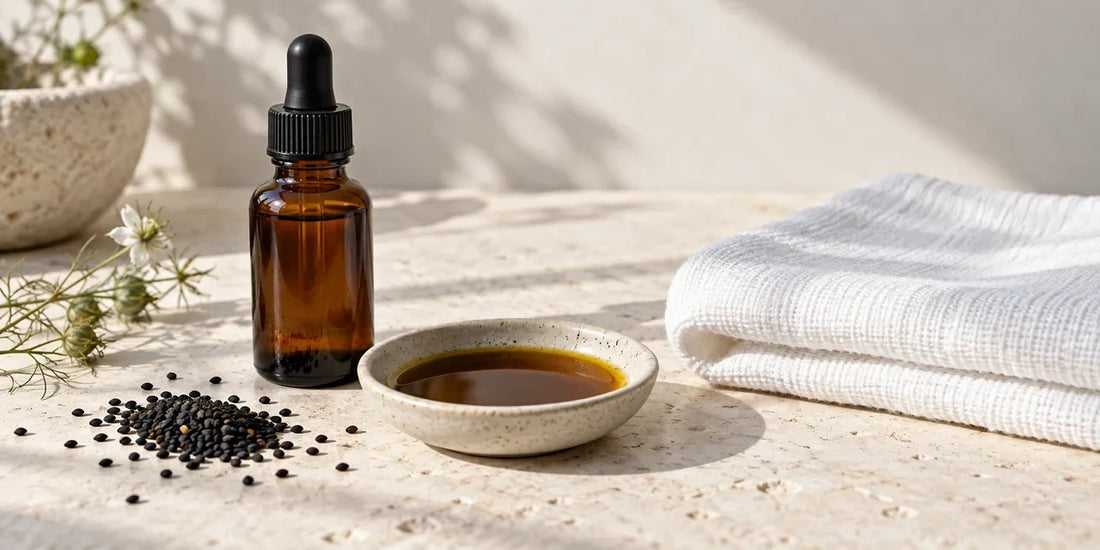 Unbranded dark glass dropper bottle beside a dish of deep amber oil and black seeds on pale stone