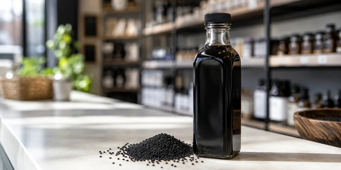 Unbranded dark glass black seed oil bottle on a light retail counter beside scattered matte black seeds