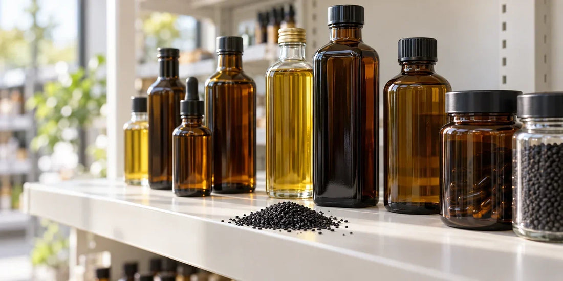 Unbranded amber and clear glass oil bottles on a light store shelf with a small heap of black seeds