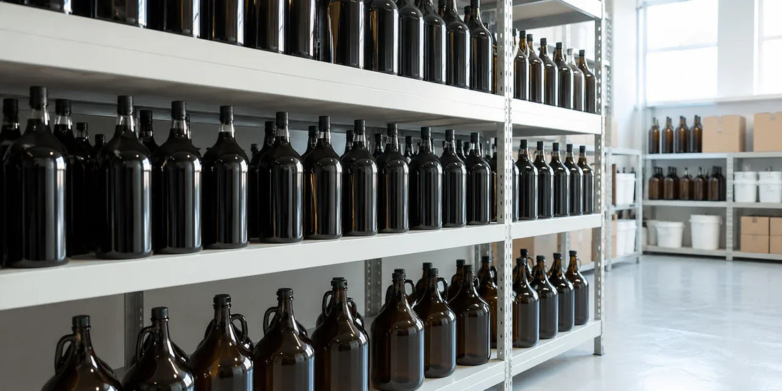 Rows of large unbranded dark glass bottles on pale industrial shelving in a clean bright storage room