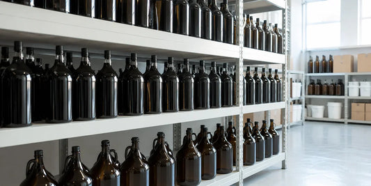 Rows of large unbranded dark glass bottles on pale industrial shelving in a clean bright storage room