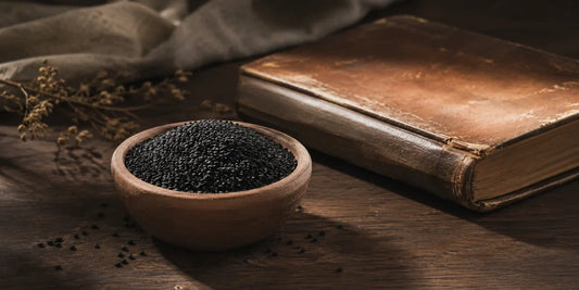 Matte black Nigella sativa seeds in a clay bowl beside a closed aged leather book on dark walnut