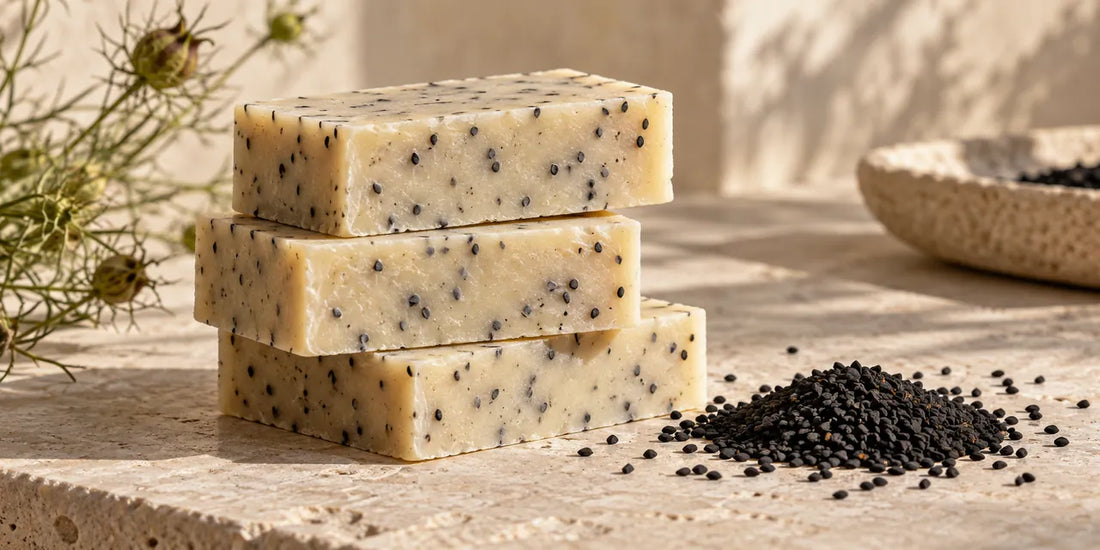 Three cream soap bars speckled with black seeds beside a heap of matte black Nigella seeds on pale stone