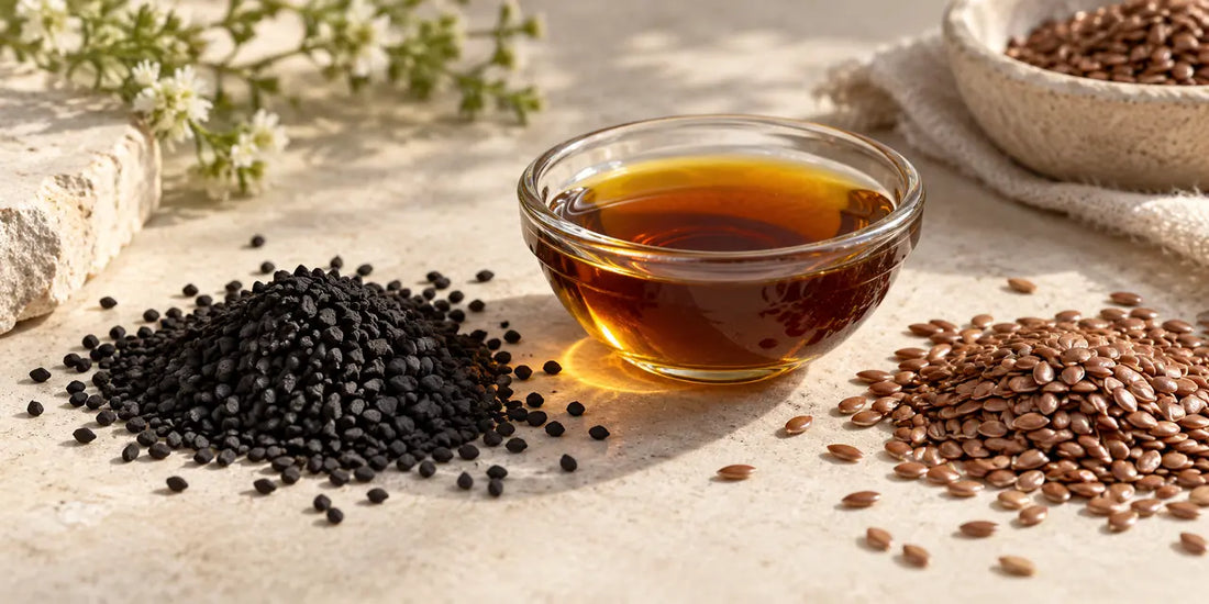 Heap of matte black Nigella sativa seeds beside a glass dish of deep amber oil and scattered flaxseeds on pale stone