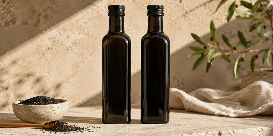 Two dark glass black seed oil bottles side by side on a pale stone surface in warm directional light
