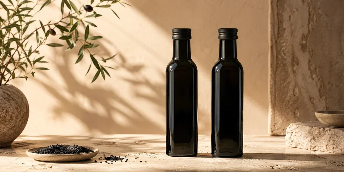 Two dark glass black seed oil bottles side by side on a pale stone surface in warm directional light