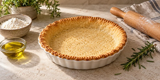 Golden blind-baked olive oil pie crust in a fluted ceramic dish beside a dish of olive oil and flour