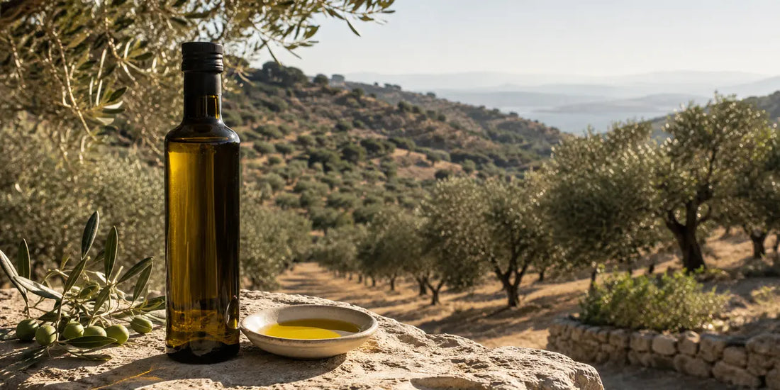 Sunlit Mediterranean olive grove with silver-green trees on a hillside, a bottle of golden-green oil on a stone ledge