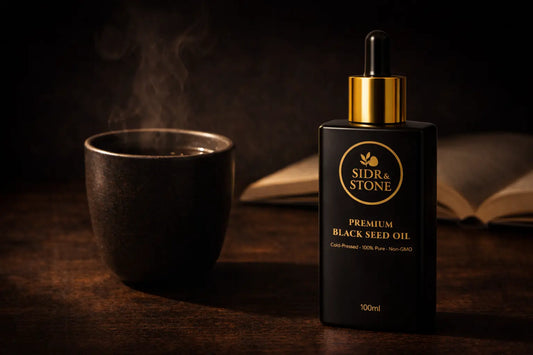 Matte black glass bottle of black seed oil on a dark surface with soft warm lighting from the side