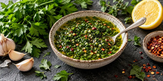 Bowl of fresh green chimichurri glossy with golden-green olive oil beside parsley, garlic, chilli and a lemon