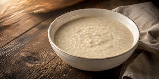 A warm bowl of pale, creamy barley talbina porridge on a wooden table in soft warm directional light
