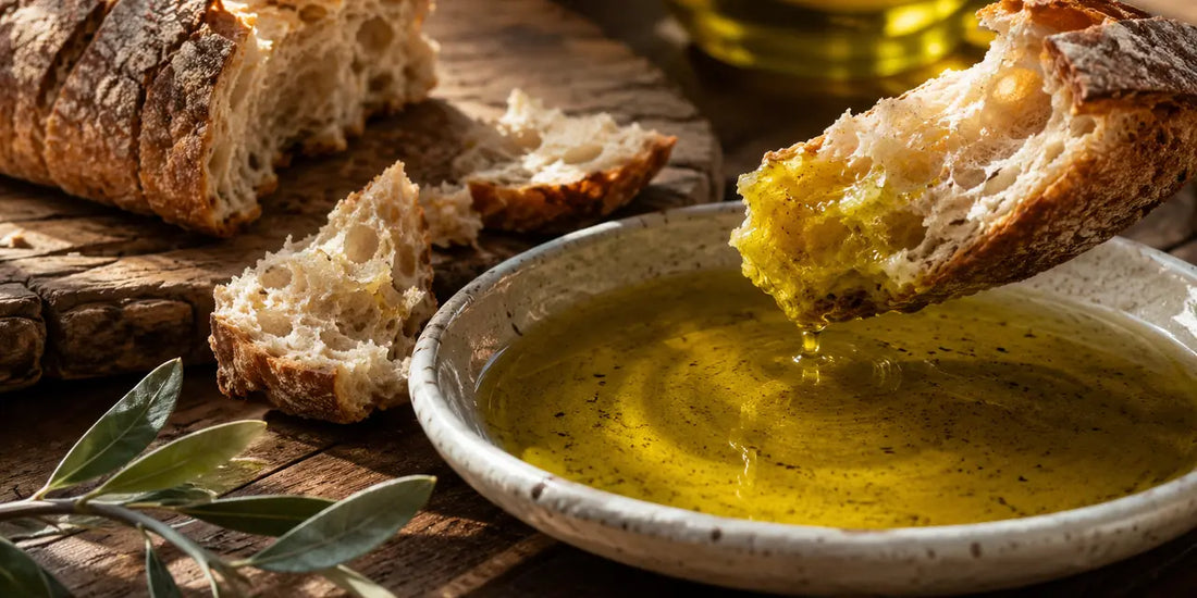 Torn pieces of rustic crusty bread beside a ceramic dish of rich golden-green olive oil on a wooden table